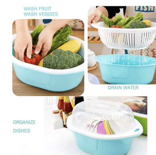 3 in 1 Dish Tub and Colander Set with Lid, Vegetable Washer with Bowl, Dishpan Strainer Basket Lettuce Washer and Dryer - Water Drain - Image 2